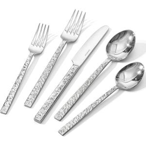 imageKINGSTONE 20 Pcs Black Hammered Silverware Set for 4 1810 Stainless Steel Heavy Duty Flatware Set Tableware Cutlery Utensil Sets for Home Restaurant Dishwasher SafeSilver