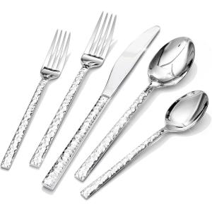 imageKINGSTONE 40 Piece Hammered Silverware Set 1810 Stainless Steel Flatware Set for 8 Cutlery Set for Home Party Wedding Mirror Polished Dishwasher SafeSilver