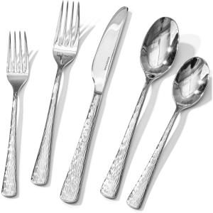 imageKINGSTONE Hammered Silverware Set Flatware Set 1810 Stainless Steel Premium Cutlery with Unique Ripple Handles Design Mirror Polished  Dishwasher Safe 20PieceWater RippleSilver