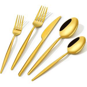 imageKINGSTONE Silverware Set 60Piece Flatware Set Cutlery Set Premium 1810 Stainless Steel Tableware Include Forks Knives Spoons for Home Kitchen Restaurant Wedding Dishwasher SafeGoldGold