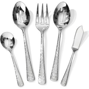 imageKINGSTONE Hammered 8Piece Serving Utensil Set 1810 Stainless Steel Flatware for Catering Party Include Spoons Slotted Spoon Fork Butter Knife  Mirror Finish ampamp Dishwasher SafeSliver