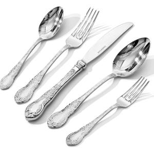 imageKINGSTONE Vintage Carved Silverware Set 40Piece 1810 Stainless Steel Flatware Cutlery Set with Retro Royal Thick Handle Tableware Utensils for Home Restaurant party Wedding Dishwasher SafeSliver