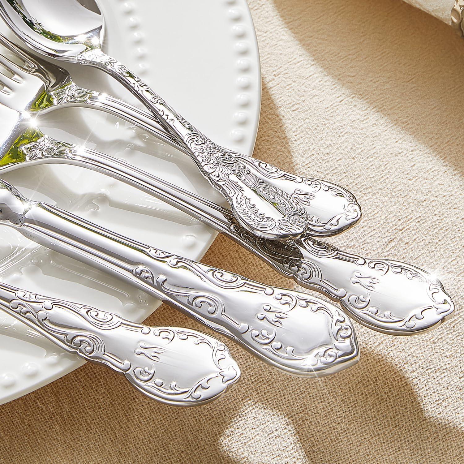imageKINGSTONE Vintage Silverware Set 20Piece 1810 Stainless Steel Silverware Set for 4 with Floral Handles Design Mirror Polished Utensil Sets for Home Restaurant WeddingDishwasher SafeSilver