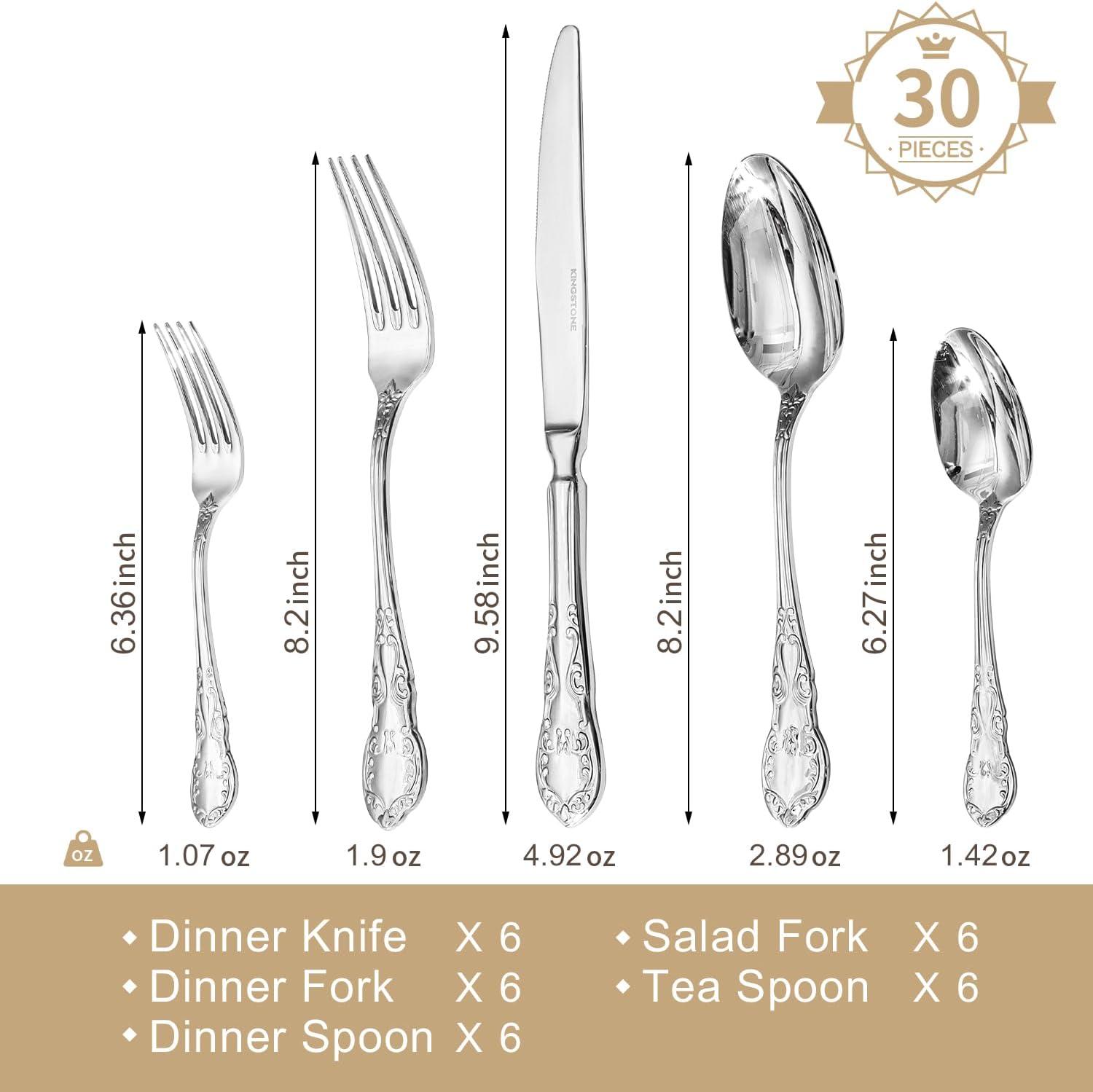 imageKINGSTONE Vintage Silverware Set 20Piece 1810 Stainless Steel Silverware Set for 4 with Floral Handles Design Mirror Polished Utensil Sets for Home Restaurant WeddingDishwasher SafeSilver