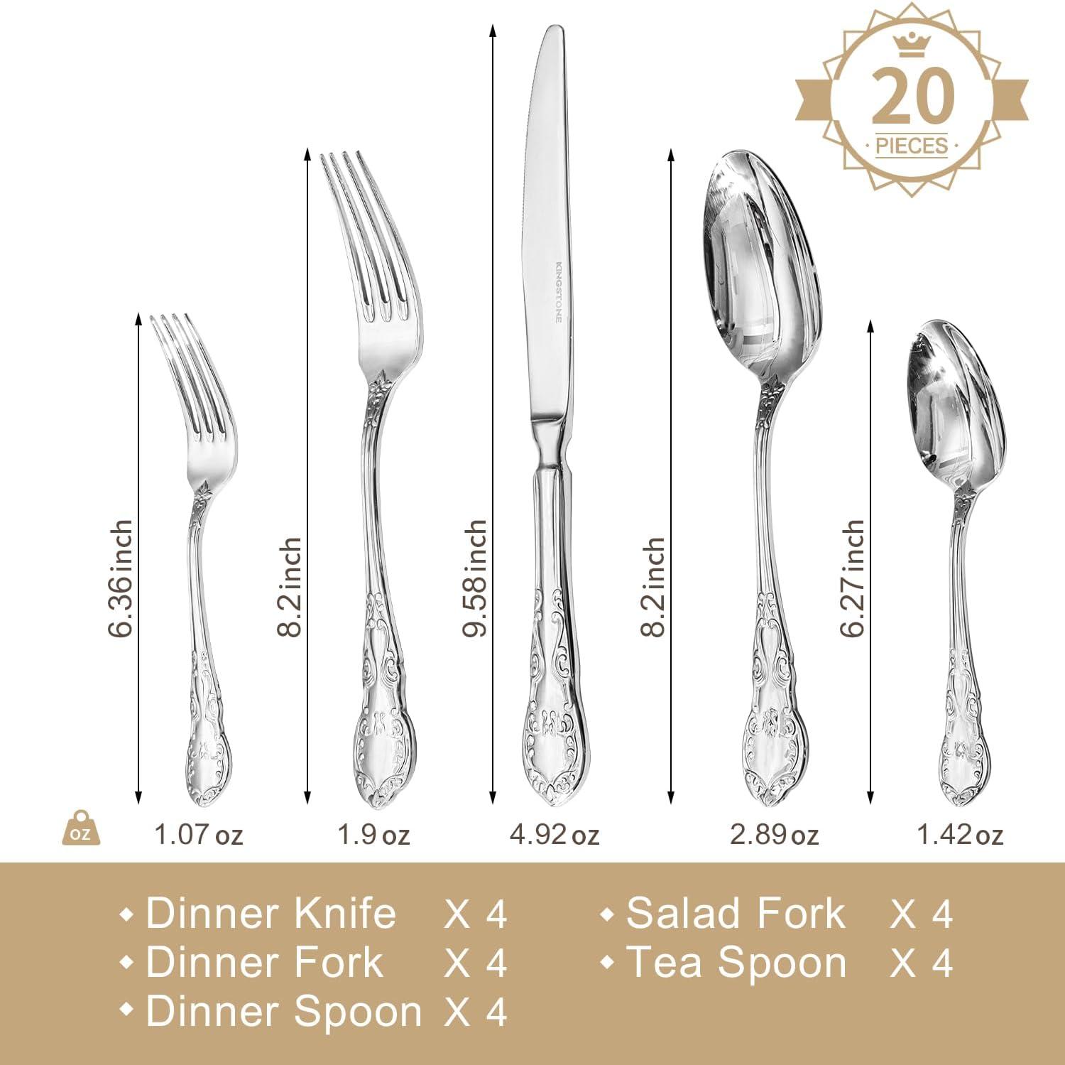 imageKINGSTONE Vintage Silverware Set 20Piece 1810 Stainless Steel Silverware Set for 4 with Floral Handles Design Mirror Polished Utensil Sets for Home Restaurant WeddingDishwasher SafeSilver