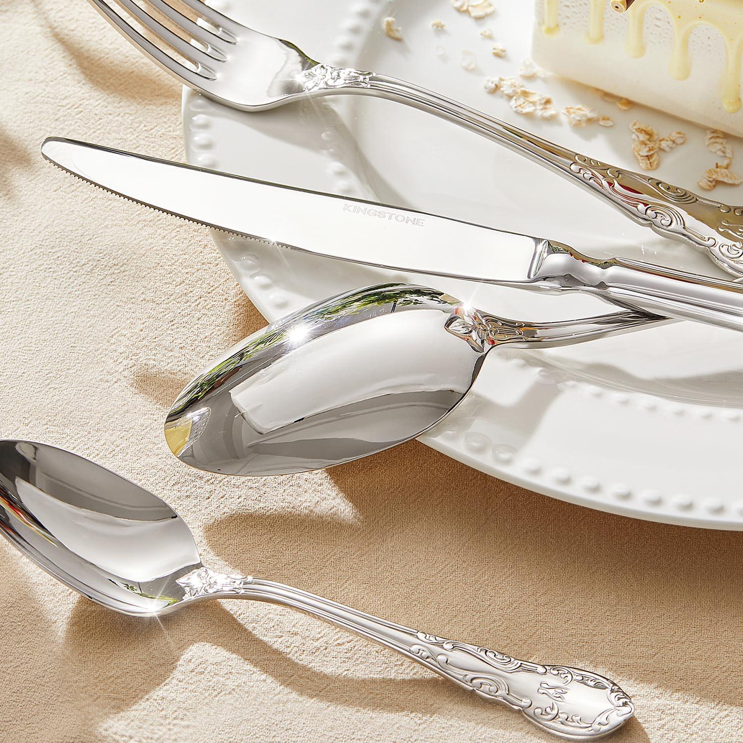 imageKINGSTONE Vintage Silverware Set 20Piece 1810 Stainless Steel Silverware Set for 4 with Floral Handles Design Mirror Polished Utensil Sets for Home Restaurant WeddingDishwasher SafeSilver