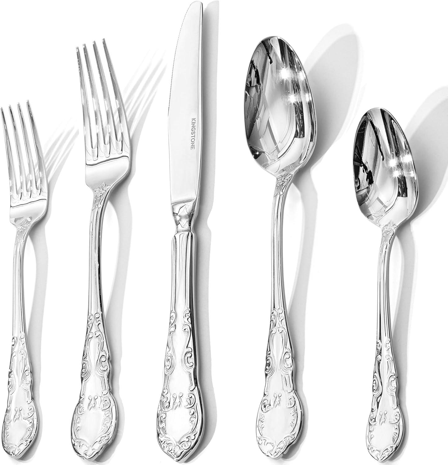 imageKINGSTONE Vintage Silverware Set 20Piece 1810 Stainless Steel Silverware Set for 4 with Floral Handles Design Mirror Polished Utensil Sets for Home Restaurant WeddingDishwasher SafeSilver
