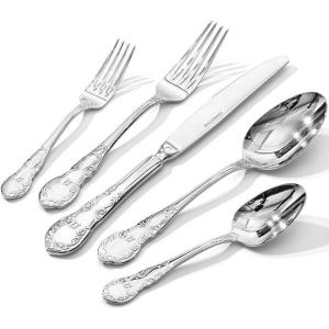 imageKINGSTONE Vintage Silverware Set 20Piece 1810 Stainless Steel Silverware Set for 4 with Floral Handles Design Mirror Polished Utensil Sets for Home Restaurant WeddingDishwasher SafeSilver