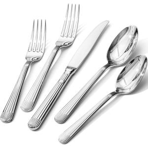 imageKINGSTONE 60Piece Silverware Set 1810 Stainless Steel Flatware Set  Luxury Elegant Striped Cutlery with Dishwasher Safe Durable for Family Dining Catering Weddings Anniversaries GiftSilver