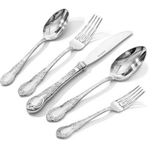 imageKINGSTONE Vintage Carved Silverware Set 10Piece 1810 Stainless Steel Flatware Cutlery Set with Retro Royal Thick Handle Tableware Utensils for Home Restaurant party Wedding Dishwasher SafeSilver