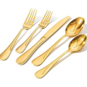 imageKINGSTONE 45 Piece Silverware Set for 8 with Serving Utensils 1810 Stainless Steel Flatware Set Modern Design Cutlery Set for HomeHotelWeddingMirror Polished and Dishwasher SafeGold